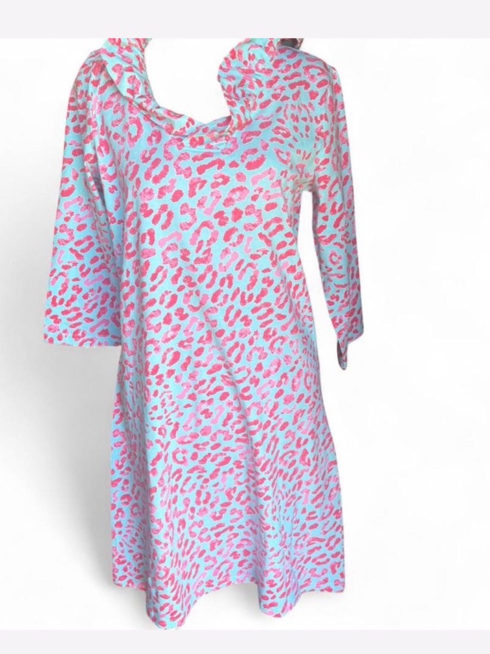 Ruffled V-Neck Tunic Dress in Aqua with Pink Leopard Print Bell Sleeves